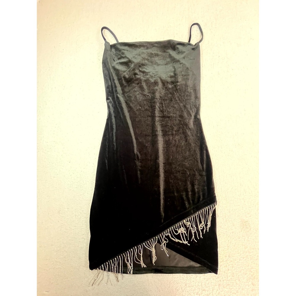 Y2K Inspired Hearts Midi Dress Womens Medium Black Velvet Rhinestone Fringe